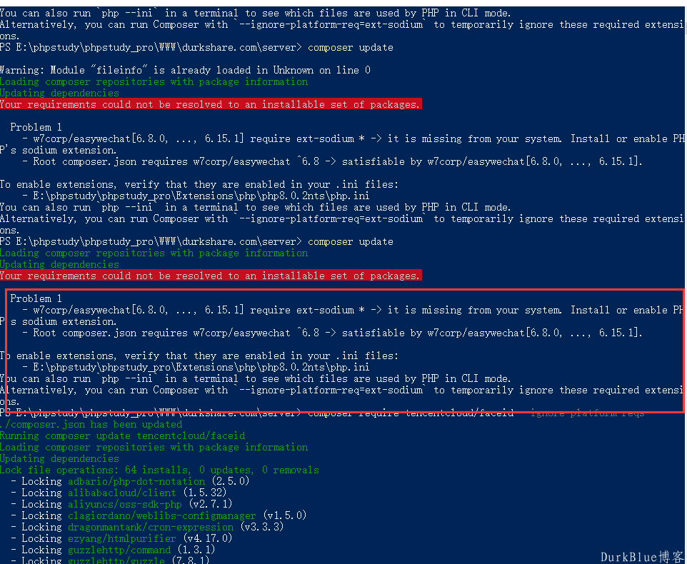 Composer 引入依赖时You can also run `php --ini` in a terminal to see which files are used by PHP in CLI mode. Alternatively, you can run Composer with `--ignore-platform-req=ext-sodium` to temporarily ignore these required extensions